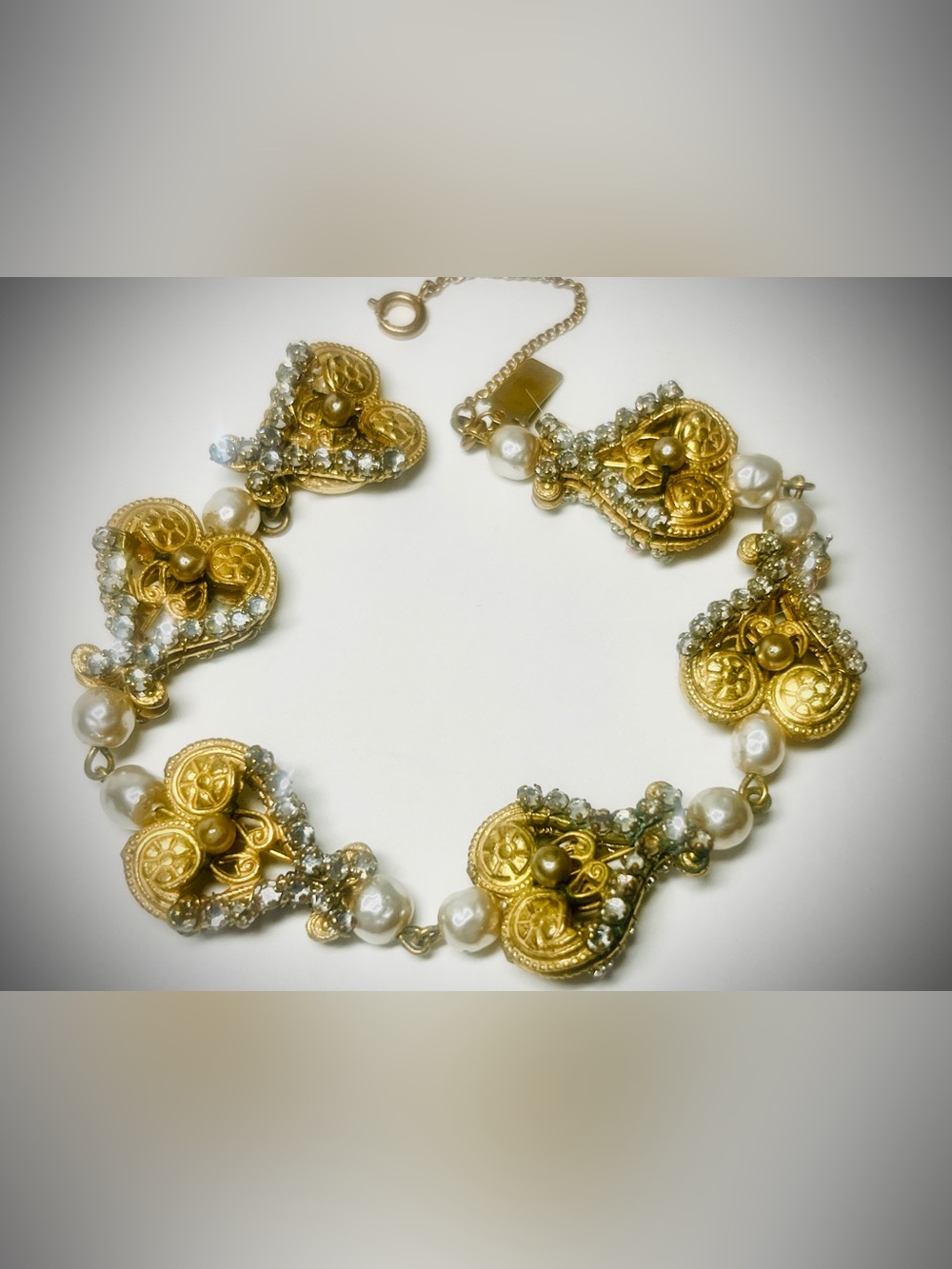 Miriam Haskell SIGNED | 1950s VTG Bracelet| Russian Gold Rhinestone Faux Pearl